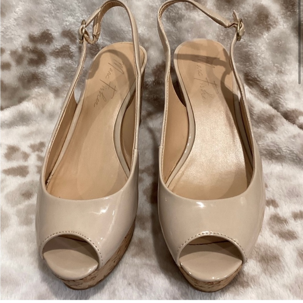 Marc Fisher Nude Patent Leather Peep Toe Wedge
Sandal, Size 8